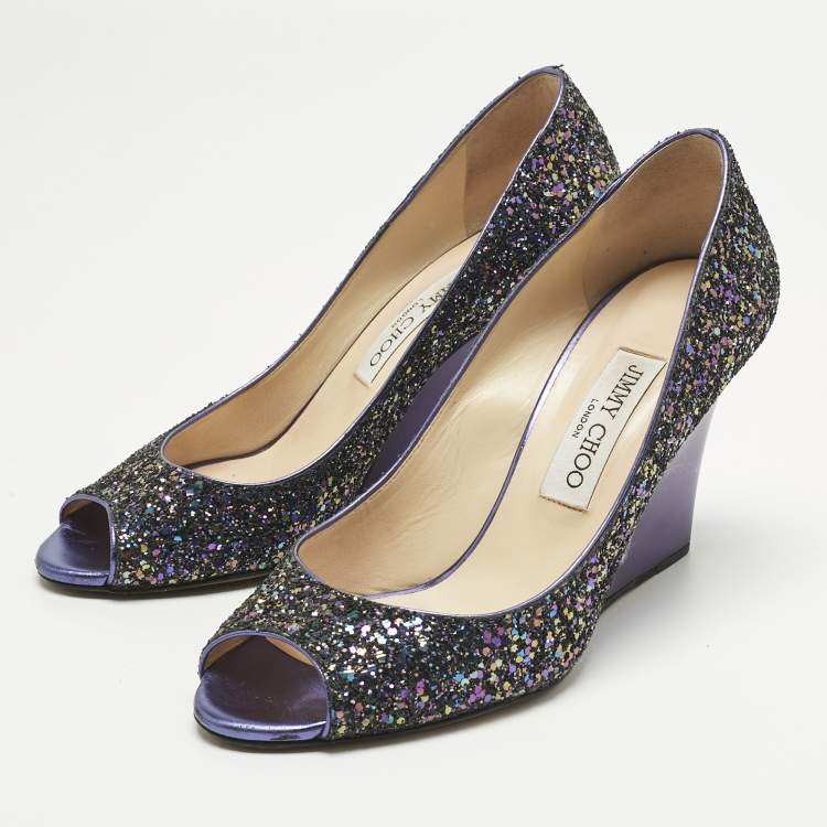 Pre Owned Jimmy Choo Purple Glitter Baxen Peep Toe Wedge Pumps Size 38.5