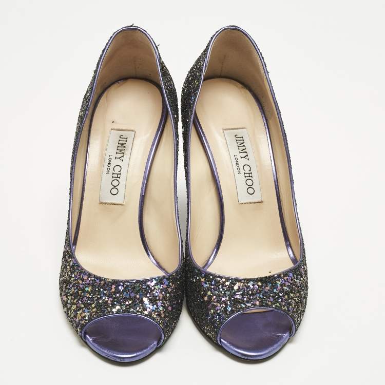 Pre Owned Jimmy Choo Purple Glitter Baxen Peep Toe Wedge Pumps Size 38.5
