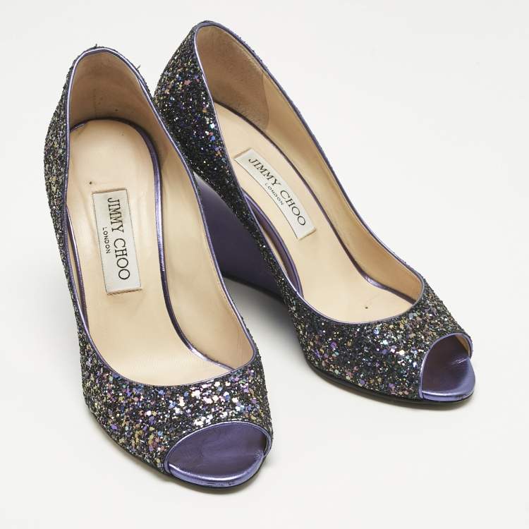 Pre Owned Jimmy Choo Purple Glitter Baxen Peep Toe Wedge Pumps Size 38.5