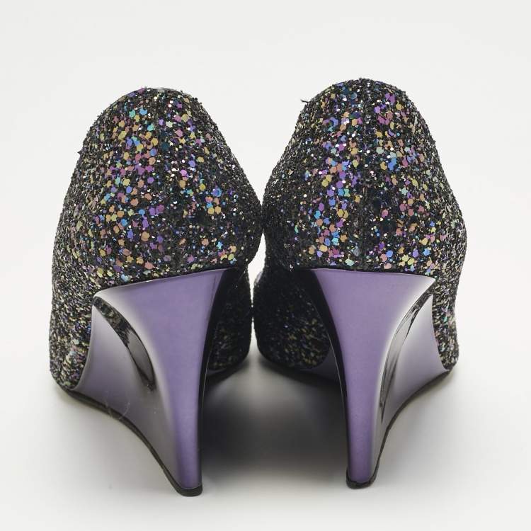 Pre Owned Jimmy Choo Purple Glitter Baxen Peep Toe Wedge Pumps Size 38.5
