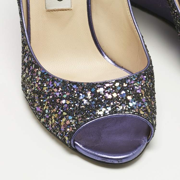 Pre Owned Jimmy Choo Purple Glitter Baxen Peep Toe Wedge Pumps Size 38.5