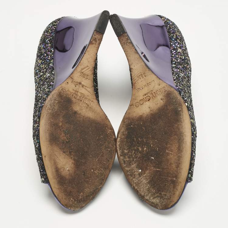 Pre Owned Jimmy Choo Purple Glitter Baxen Peep Toe Wedge Pumps Size 38.5
