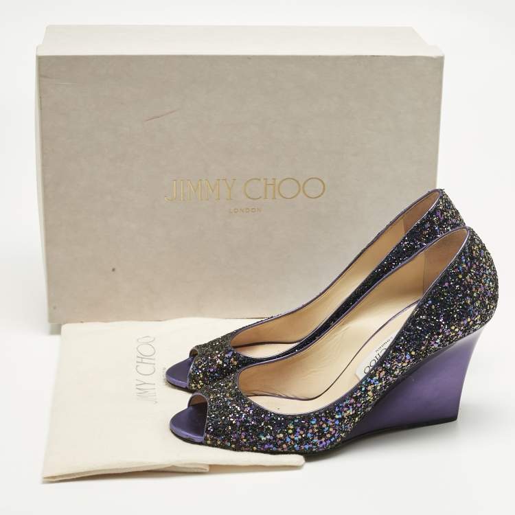 Pre Owned Jimmy Choo Purple Glitter Baxen Peep Toe Wedge Pumps Size 38.5