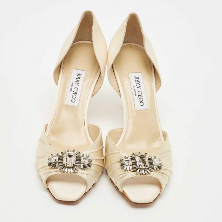 Pre Owned Jimmy Choo Cream Satin Embellished Peep Toe D’orsay Pumps Size 40.5