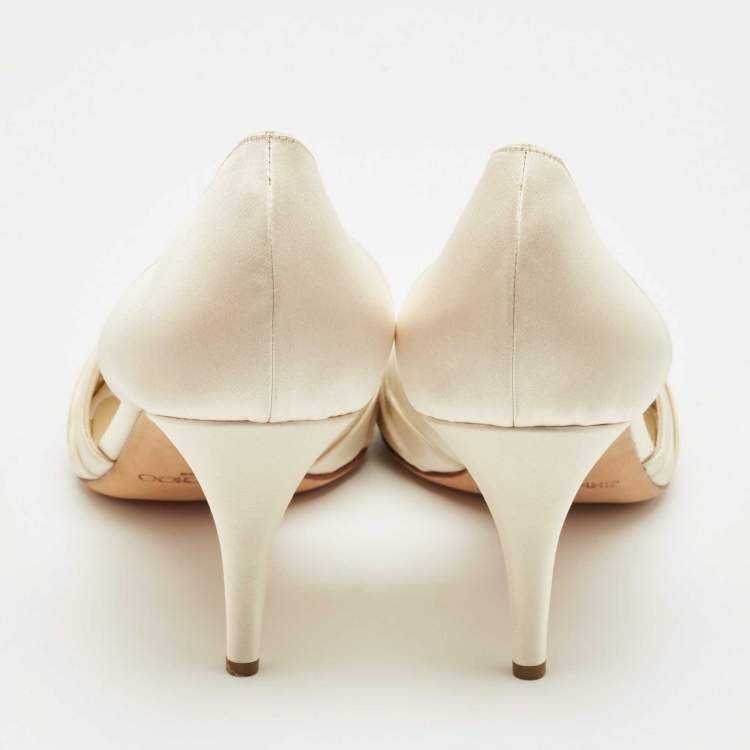 Pre Owned Jimmy Choo Cream Satin Embellished Peep Toe D’orsay Pumps Size 40.5