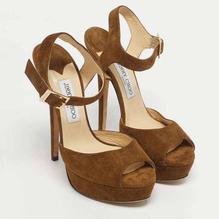 Pre Owned Jimmy Choo Brown Suede Kayden Ankle Strap Sandals Size 39.5