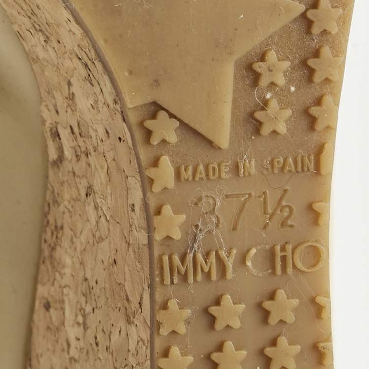 Pre Owned Jimmy Choo Beige Patent Leather Cork Wedge Papina Pumps Size 37.5