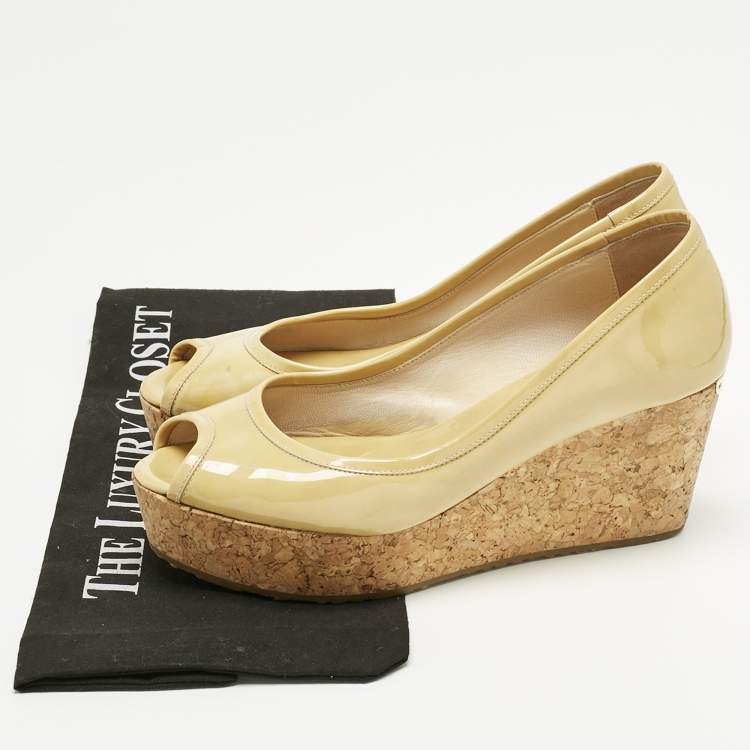 Pre Owned Jimmy Choo Beige Patent Leather Cork Wedge Papina Pumps Size 37.5