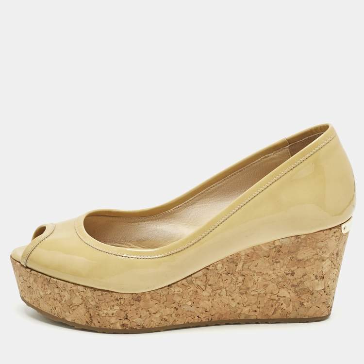 Pre Owned Jimmy Choo Beige Patent Leather Cork Wedge Papina Pumps Size 37.5