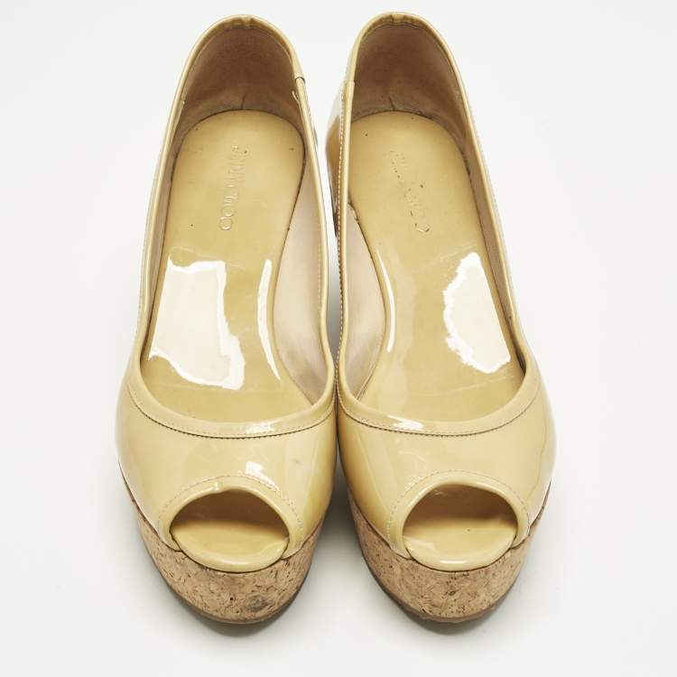Pre Owned Jimmy Choo Beige Patent Leather Cork Wedge Papina Pumps Size 37.5