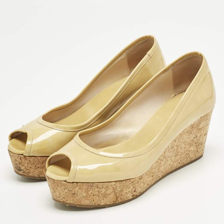Pre Owned Jimmy Choo Beige Patent Leather Cork Wedge Papina Pumps Size 37.5