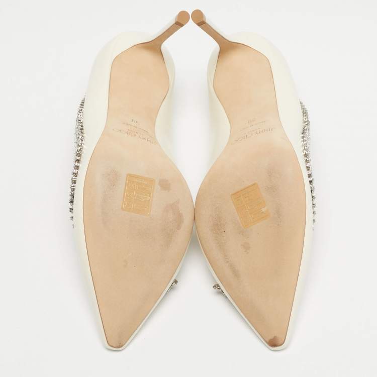 Pre Owned Jimmy Choo Cream Leather Crystal Embellished Romy Pointed Toe Pumps Size 39