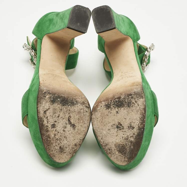 مملوكة مسبقًا Jimmy Choo Green Suede Crystal Embellished Ankle Strap Sandals Size 39