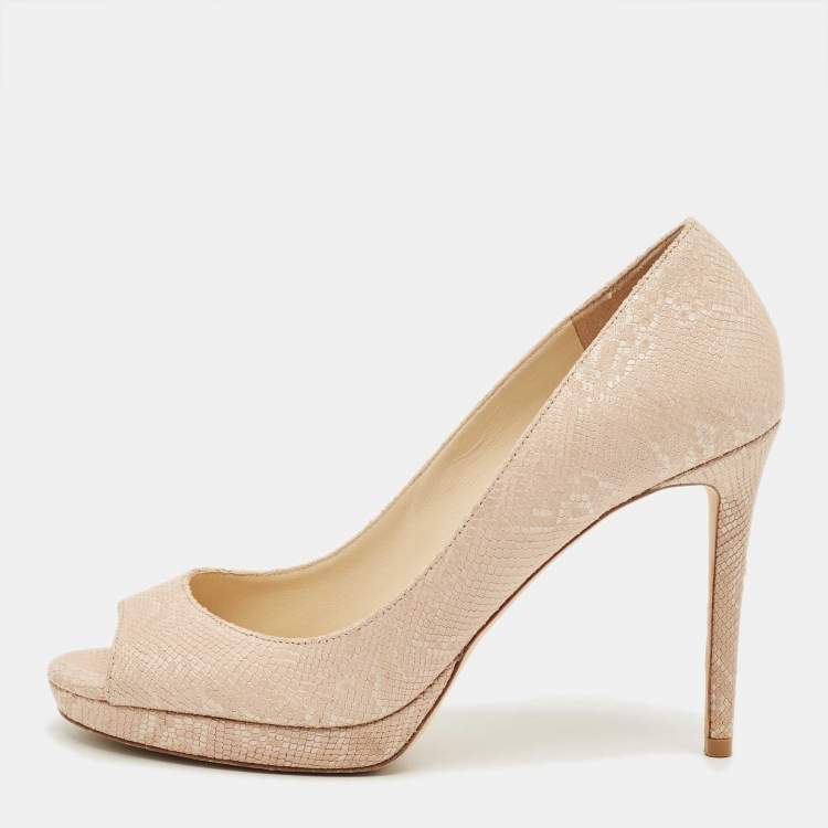 Pre Owned Jimmy Choo Beige Lizard Embossed Leather Peep Toe Pumps Size 38