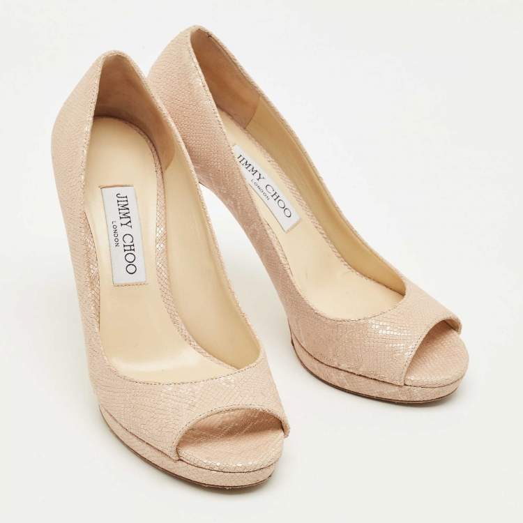 Pre Owned Jimmy Choo Beige Lizard Embossed Leather Peep Toe Pumps Size 38