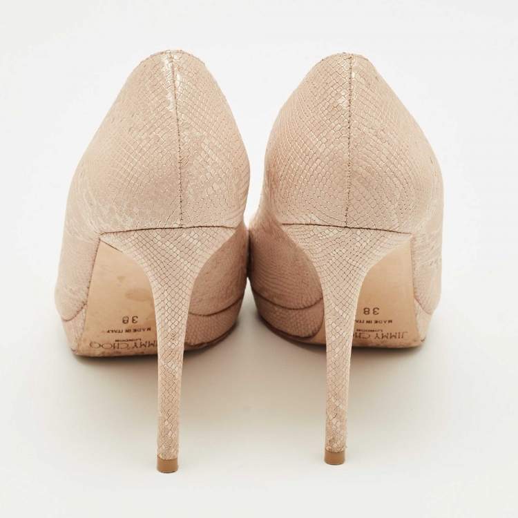 Pre Owned Jimmy Choo Beige Lizard Embossed Leather Peep Toe Pumps Size 38