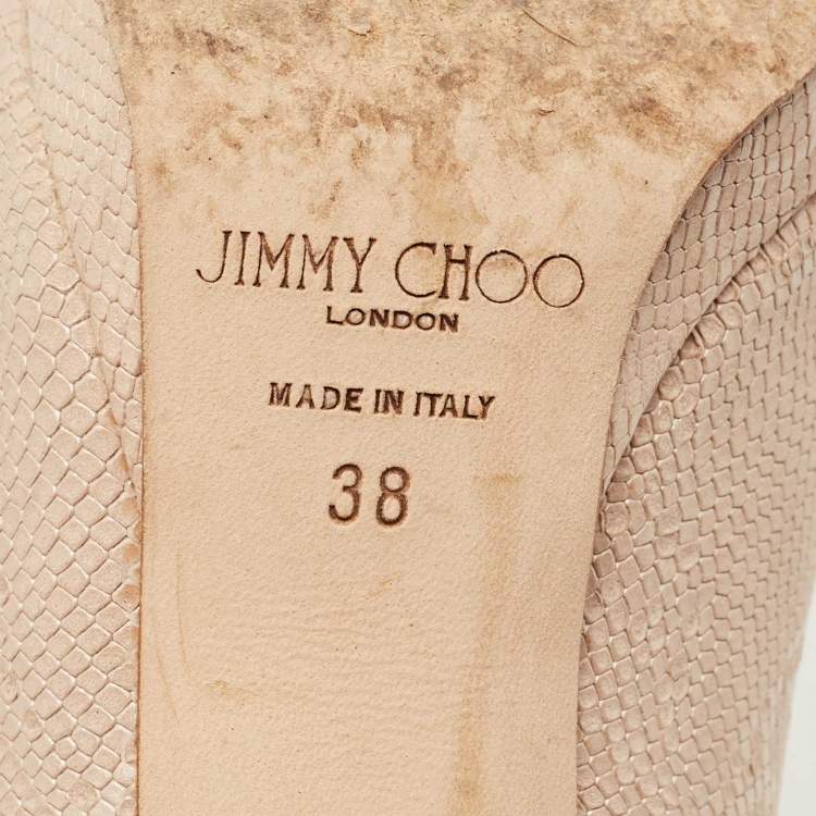 Pre Owned Jimmy Choo Beige Lizard Embossed Leather Peep Toe Pumps Size 38
