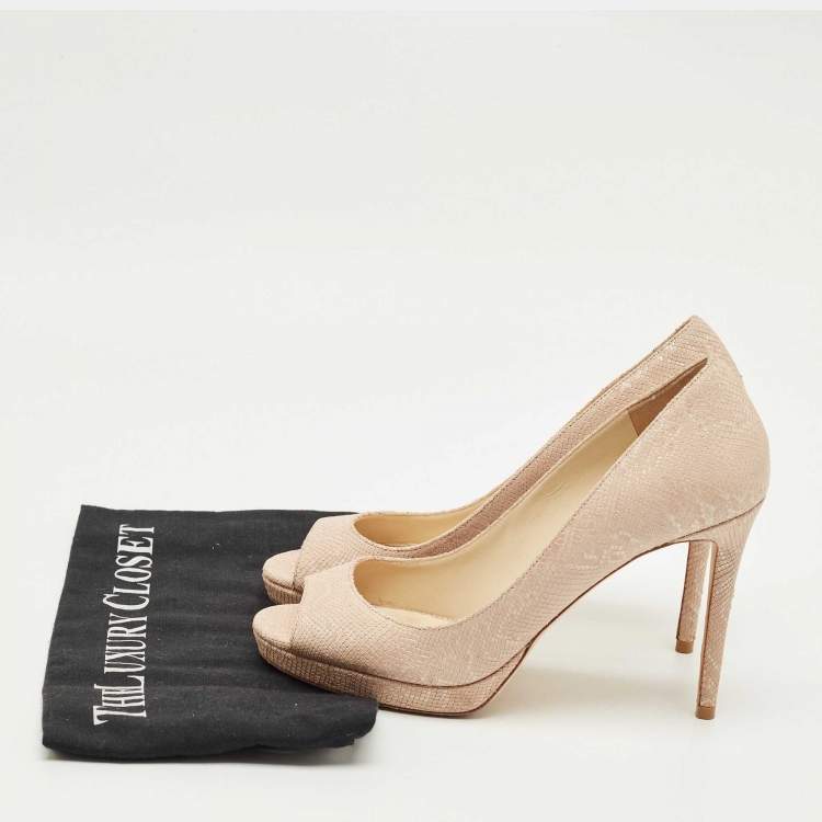 Pre Owned Jimmy Choo Beige Lizard Embossed Leather Peep Toe Pumps Size 38