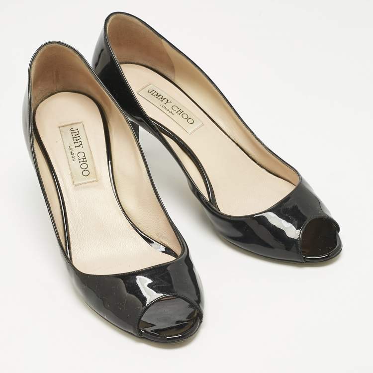 Pre Owned Jimmy Choo Black Patent Leather Isabel Peep Toe Pumps Size 39