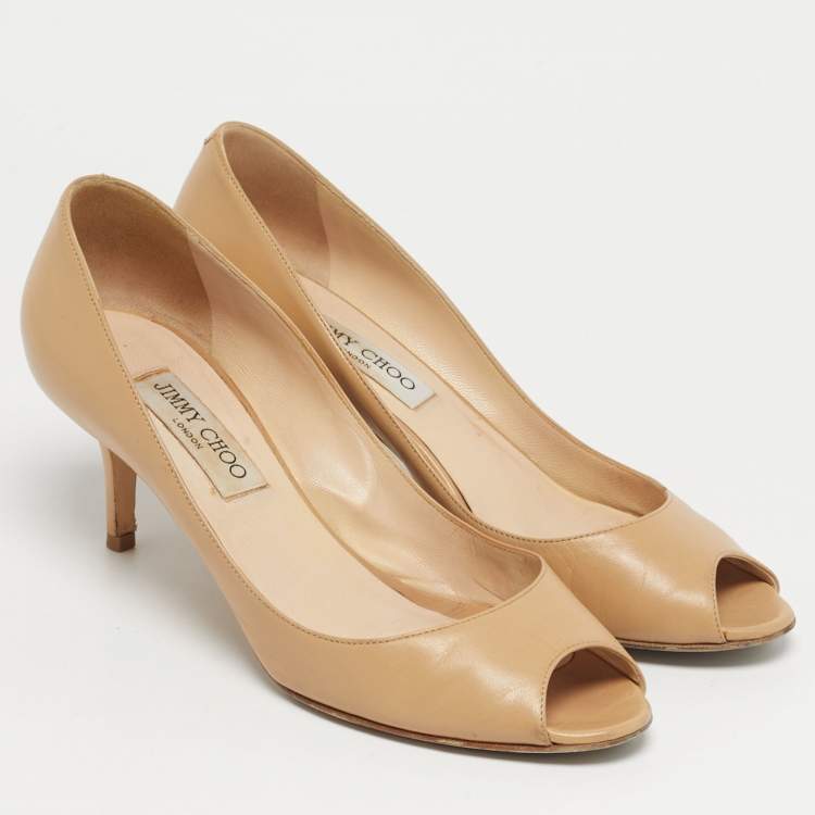 Pre Owned Jimmy Choo Beige Leather Isabel Peep-Toe Pumps Size 38.5