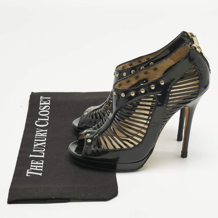 Pre Owned Jimmy Choo Black Patent Leather caged Open Toe Pumps Size 38