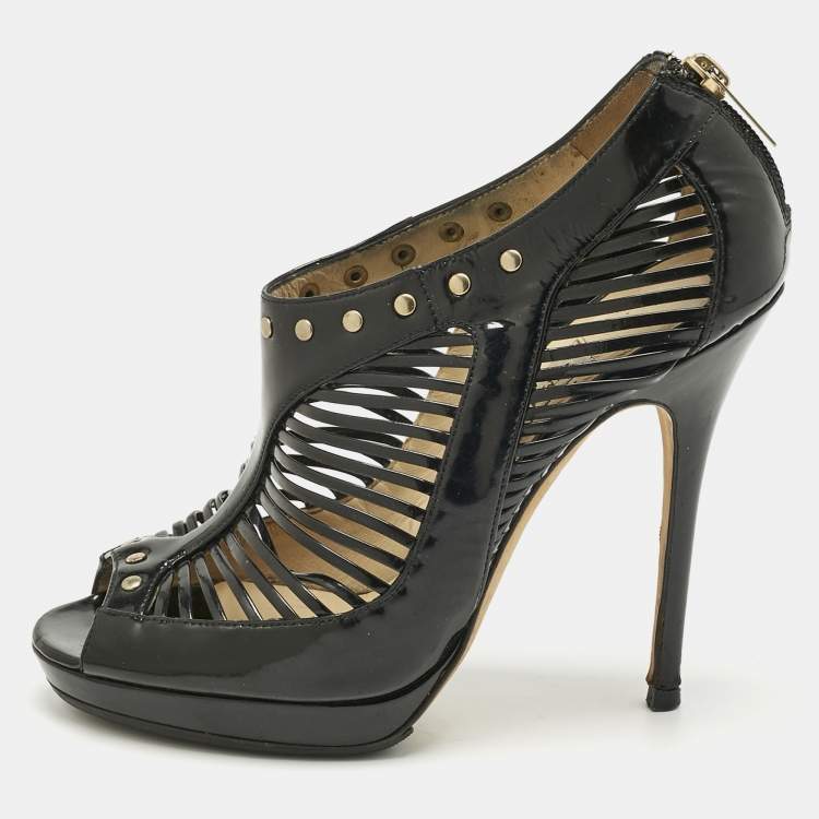 Pre Owned Jimmy Choo Black Patent Leather caged Open Toe Pumps Size 38