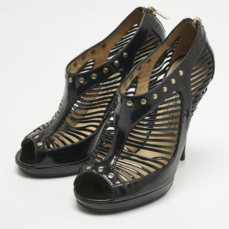 Pre Owned Jimmy Choo Black Patent Leather caged Open Toe Pumps Size 38
