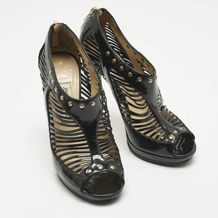 Pre Owned Jimmy Choo Black Patent Leather caged Open Toe Pumps Size 38