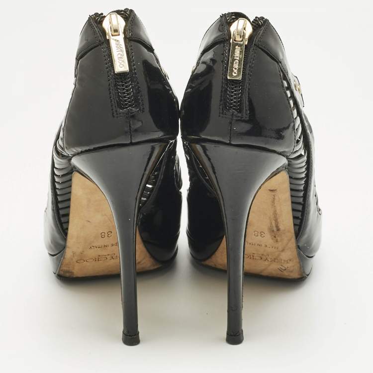 Pre Owned Jimmy Choo Black Patent Leather caged Open Toe Pumps Size 38