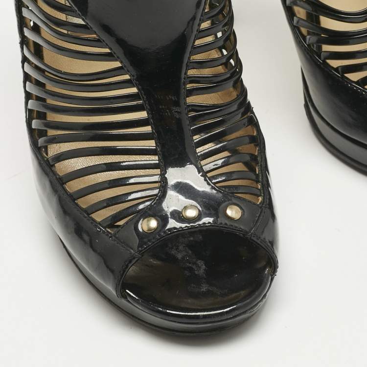 Pre Owned Jimmy Choo Black Patent Leather caged Open Toe Pumps Size 38