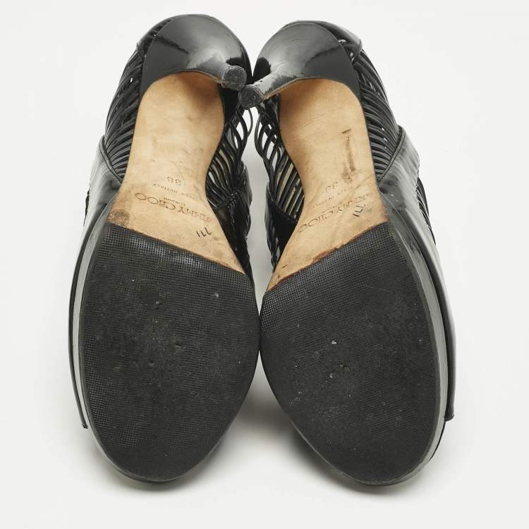 Pre Owned Jimmy Choo Black Patent Leather caged Open Toe Pumps Size 38