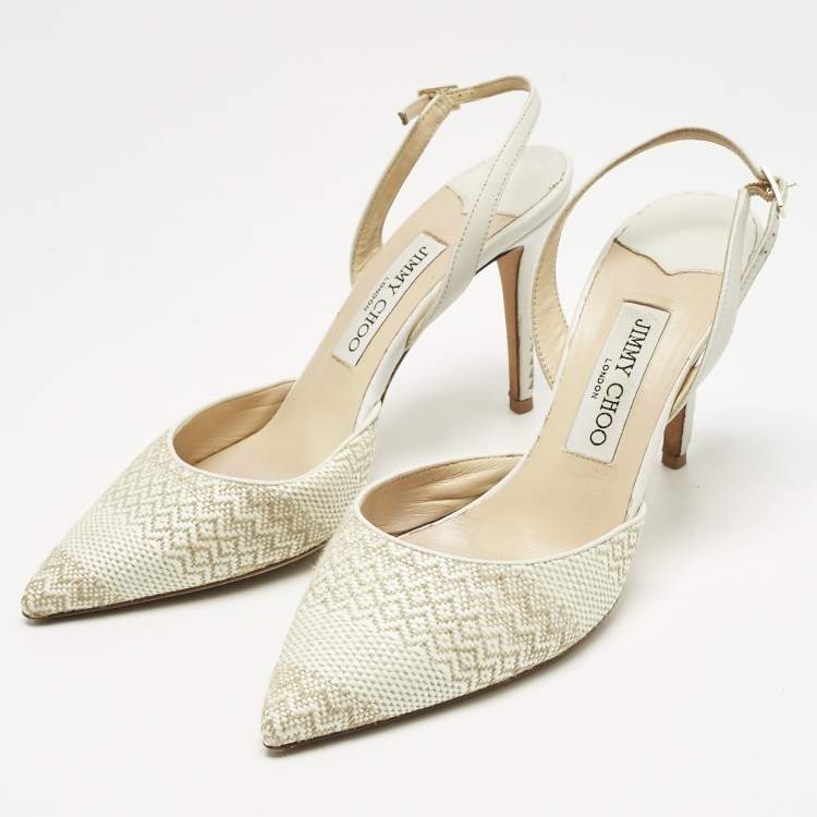 Pre Owned Jimmy Choo White/Cream Woven Tilly Pointed Toe Slingback Pumps Size 39