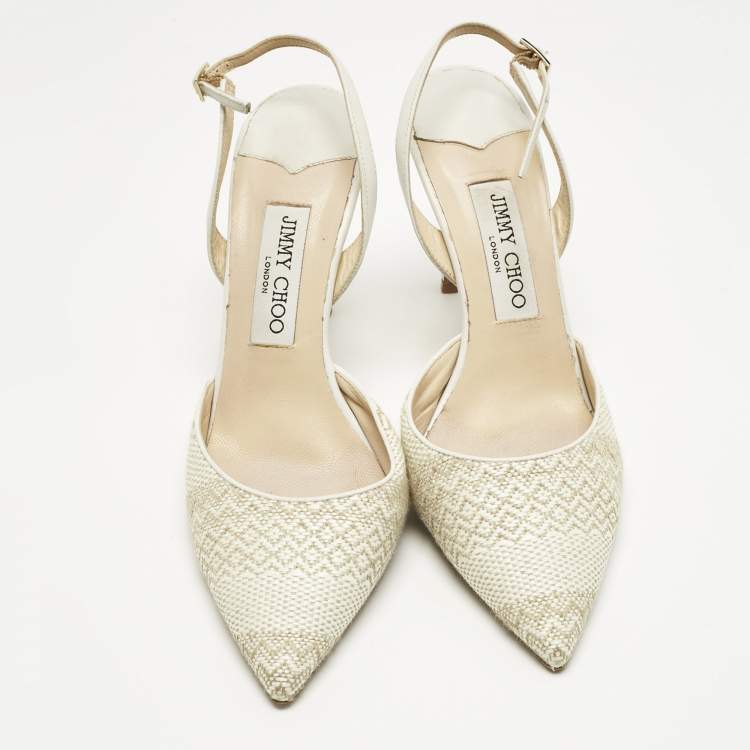 Pre Owned Jimmy Choo White/Cream Woven Tilly Pointed Toe Slingback Pumps Size 39
