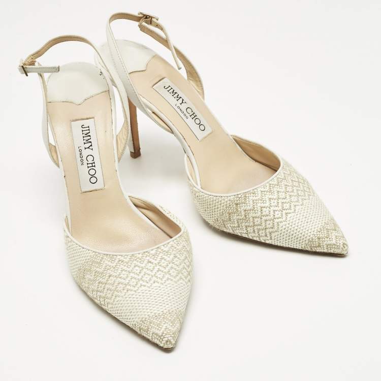 Pre Owned Jimmy Choo White/Cream Woven Tilly Pointed Toe Slingback Pumps Size 39