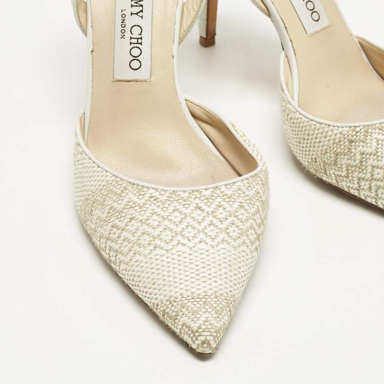 Pre Owned Jimmy Choo White/Cream Woven Tilly Pointed Toe Slingback Pumps Size 39