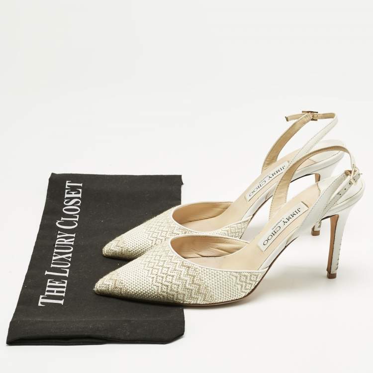 Pre Owned Jimmy Choo White/Cream Woven Tilly Pointed Toe Slingback Pumps Size 39