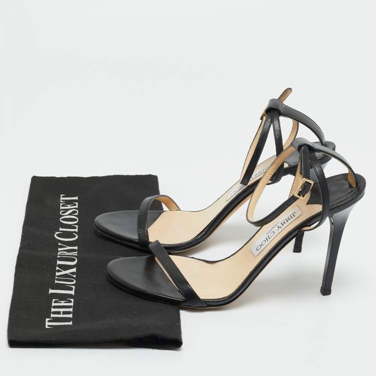 Pre Owned Jimmy Choo Black Leather Minny Ankle Strap Sandals Size 39.5
