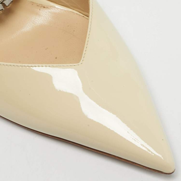 Pre Owned Jimmy Choo Cream Patent Leather Saeda Crystal Embellishment Pumps Size 39