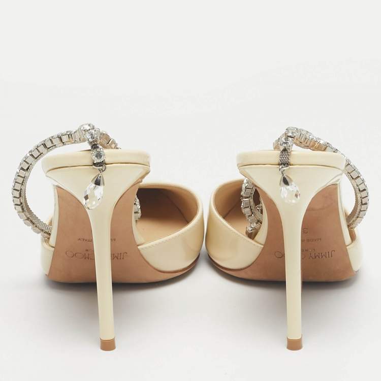 Pre Owned Jimmy Choo Cream Patent Leather Saeda Crystal Embellishment Pumps Size 39