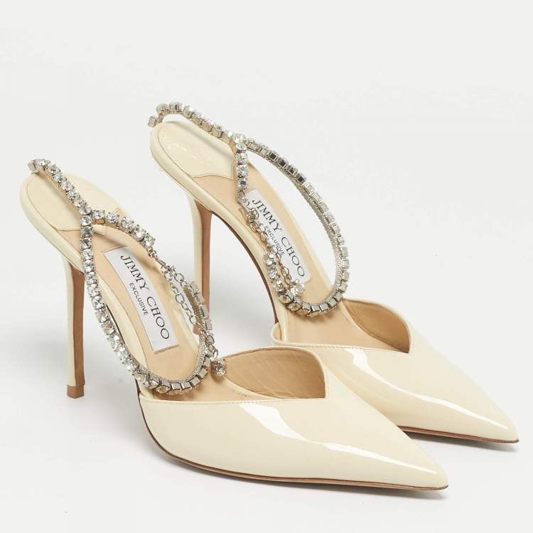 Pre Owned Jimmy Choo Cream Patent Leather Saeda Crystal Embellishment Pumps Size 39