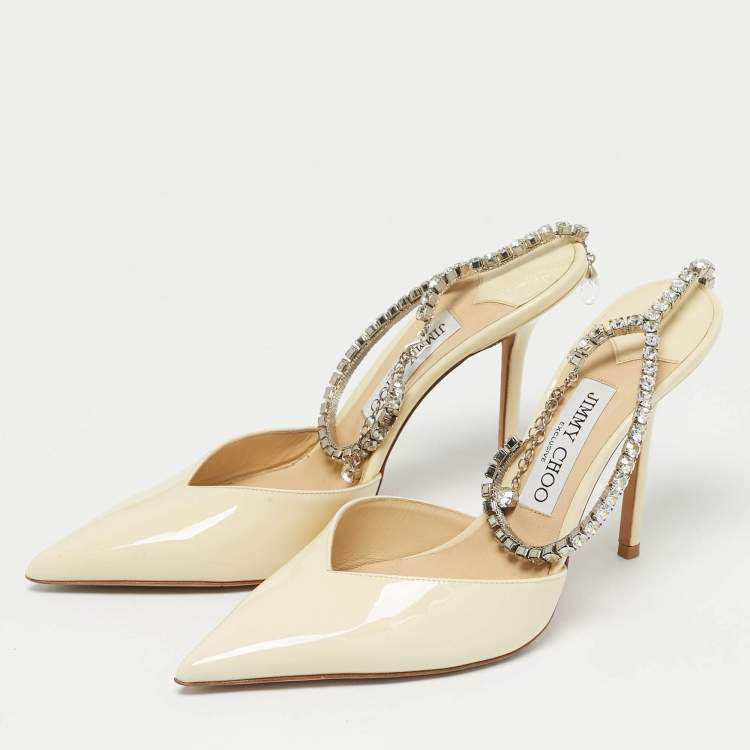 Pre Owned Jimmy Choo Cream Patent Leather Saeda Crystal Embellishment Pumps Size 39