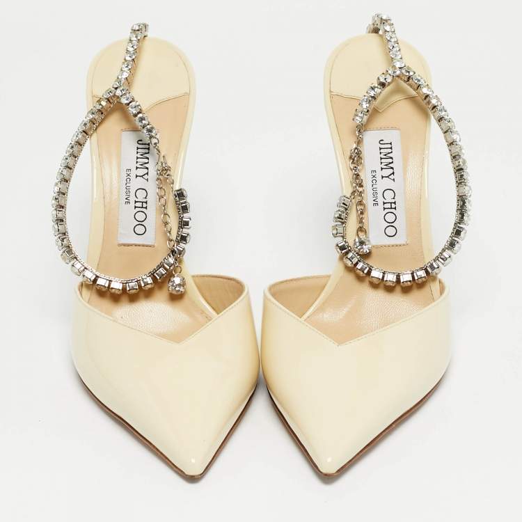 Pre Owned Jimmy Choo Cream Patent Leather Saeda Crystal Embellishment Pumps Size 39