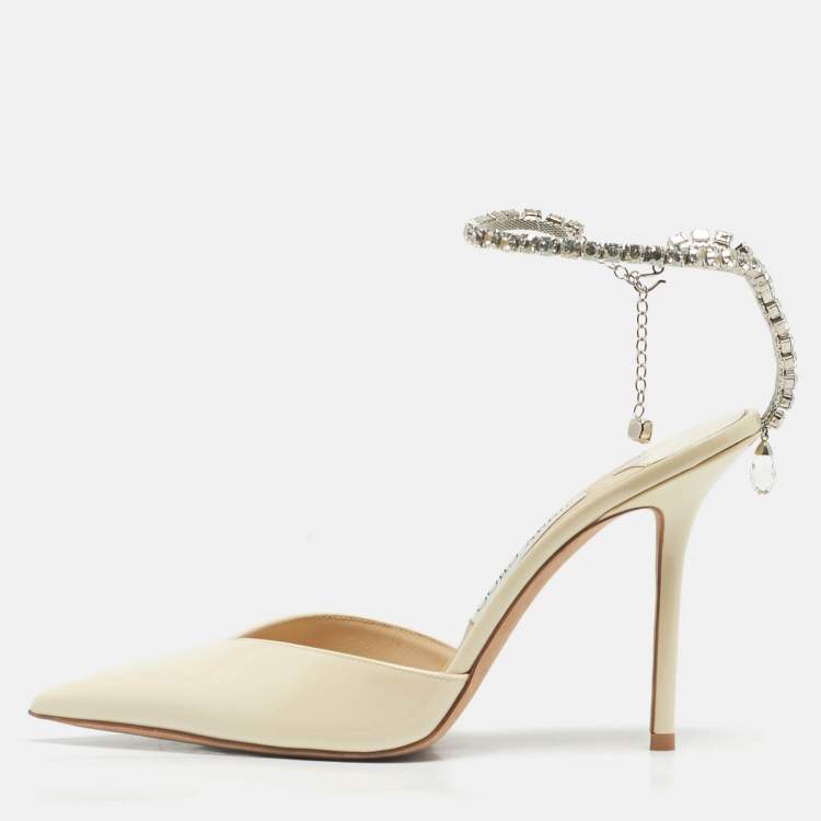 Pre Owned Jimmy Choo Cream Patent Leather Saeda Crystal Embellishment Pumps Size 39