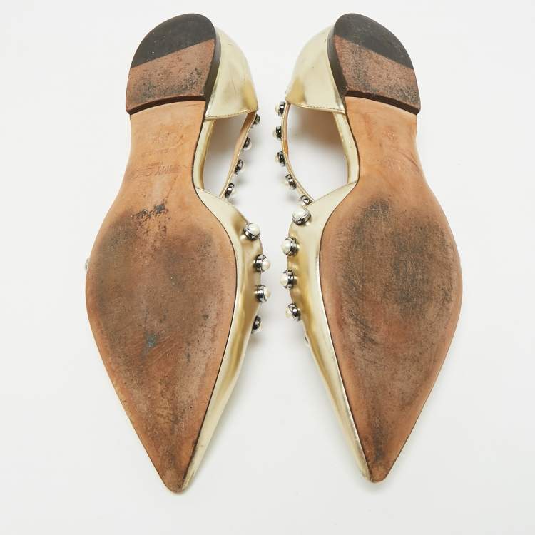 Pre Owned Jimmy Choo Gold Leather Pearl Embellish Leema Ankle Strap Flats Size 35.5