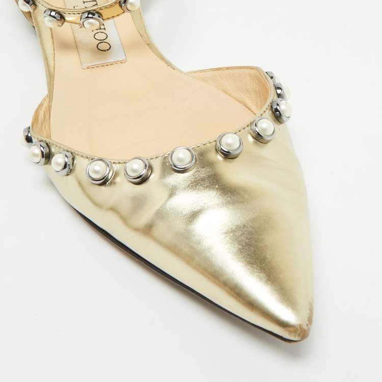 Pre Owned Jimmy Choo Gold Leather Pearl Embellish Leema Ankle Strap Flats Size 35.5