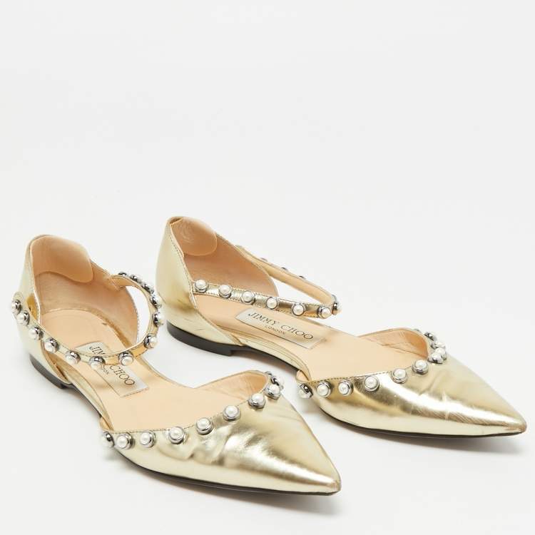 Pre Owned Jimmy Choo Gold Leather Pearl Embellish Leema Ankle Strap Flats Size 35.5