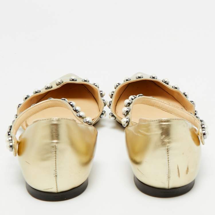 Pre Owned Jimmy Choo Gold Leather Pearl Embellish Leema Ankle Strap Flats Size 35.5