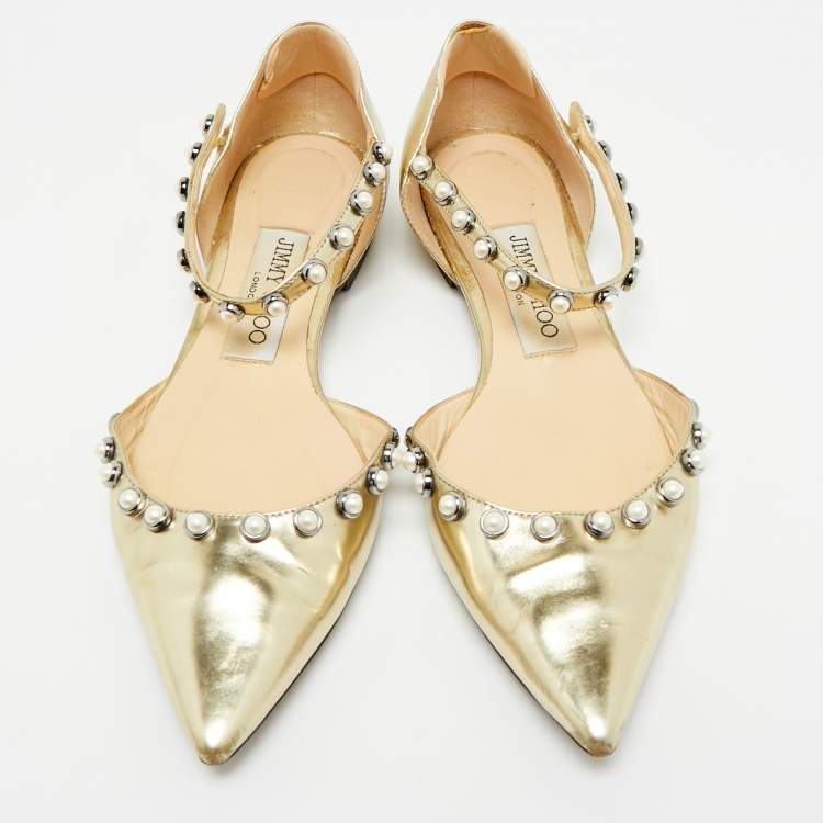 Pre Owned Jimmy Choo Gold Leather Pearl Embellish Leema Ankle Strap Flats Size 35.5