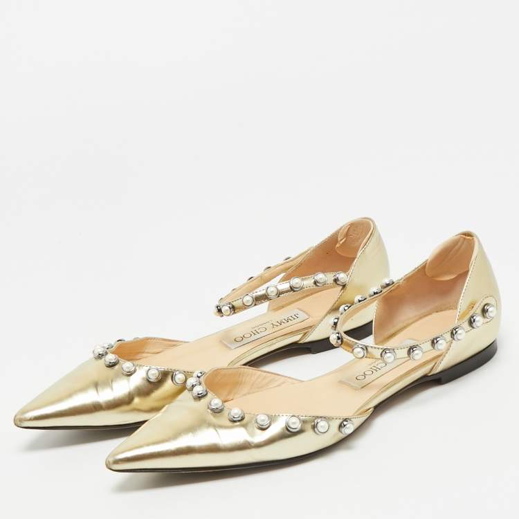 Pre Owned Jimmy Choo Gold Leather Pearl Embellish Leema Ankle Strap Flats Size 35.5