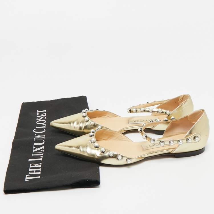 Pre Owned Jimmy Choo Gold Leather Pearl Embellish Leema Ankle Strap Flats Size 35.5